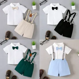 Baby Boys Summer Outfit Solid Color Romper + Suspender Shorts Set Toddler Gentleman Clothes