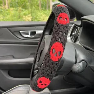 Handmade Crochet Gothic red skull Steering Wheel Covers Universal 14-15 inch for Women and Men