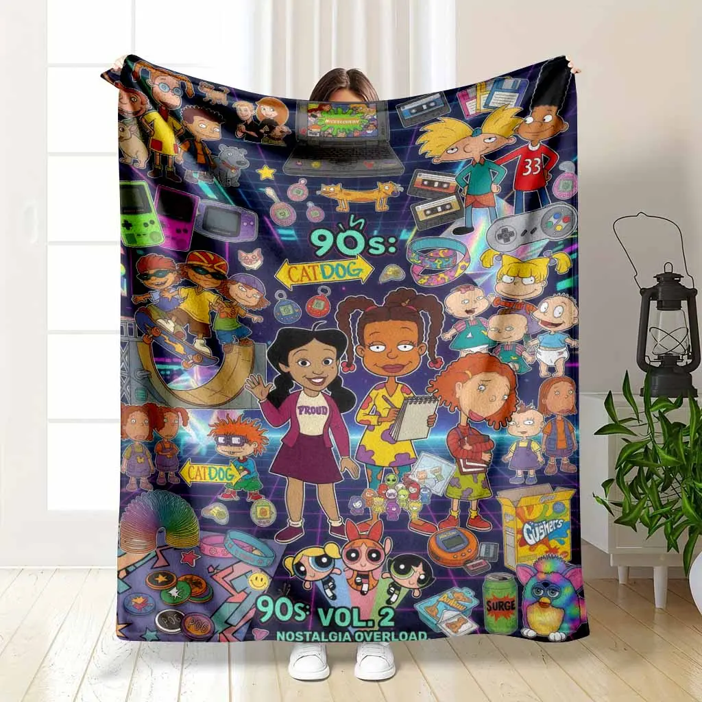 Retro 90s Cartoon Collage Flannel Blanket - Anti-Pilling Flannel Fabric, Nostalgic Animated Pop Art Print, Soft Cozy Warm Lightweight, Multi-Size, Indoor/Outdoor Use for Sofa Bedroom, Home Decor Gift