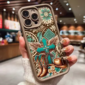 Western Cross Patchwork Phone Case, Shockproof Sand Texture, Fits iPhone 11/12/13/14/15/16/XR/13promax/16plus/12pro/14promax/XS/17/16plus, Holiday Gift, Casing, Cover