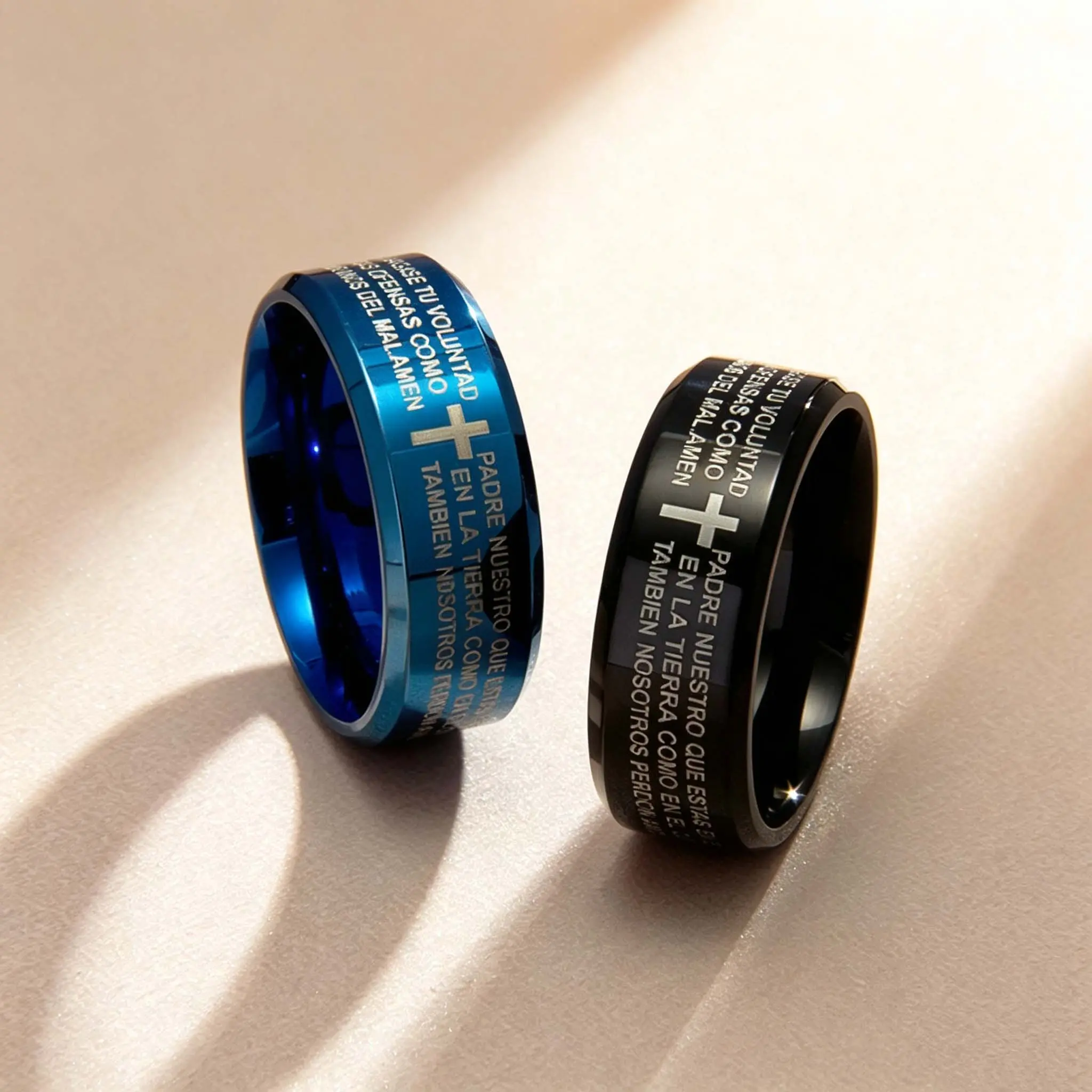 Stainless Steel Cross Ring with Engraved Spanish Scripture, Unisex Religious Jewelry for Daily Wear, Cross Motif, Minimalist, Engraved Script, Casual, Band, Adults, Stacking