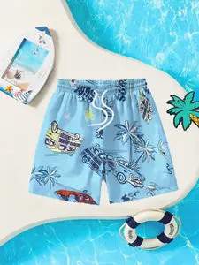 Boys' Quick-Dry Casual Shorts, Random Pattern Design, Lightweight Breathable Fabric, Ideal for Summer Beach, Pool, Outdoor Activities, Tropical Print Shorts