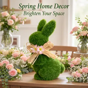 Cute Spring Bunny Statue | Green Grass Texture Figurine with Pink Flower Straw Bow, Easter Holiday Decor for Table and Bookcase, Lovely Seasonal Gift