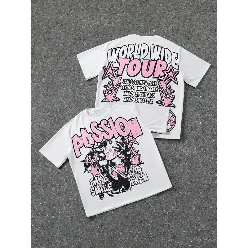Men's Streetwear T-Shirt, Oversized Fit 100% Cotton Tee with Retro Cartoon and Tour Graphic Print, Round Neck Shortsleeve