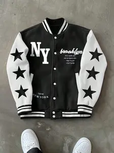 Men's Street Style Casual Loose-Fit Colorblock Letter Jacket, American Retro Fall & Winter Fashion, Essential Commuter Outerwear