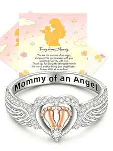 Angel Ring Mom Style, Angel Wings Baby Footprint Heart Ring, Memorial Jewelry for Lost Babies, Comfort Gift for Mothers