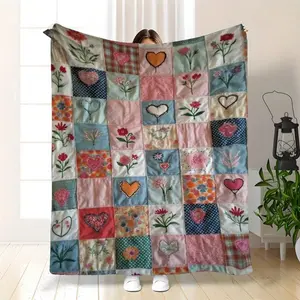 1pc Soft Lightweight All-Season Flannel Blanket |   Quilted Throw With Multicolor Plaid & Floral Design, Cozy Bed Sofa Travel Blanket In Pink Blue Green Beige Brown Red White Yellow Orange Black -, Hand Wash Or Dry Clean