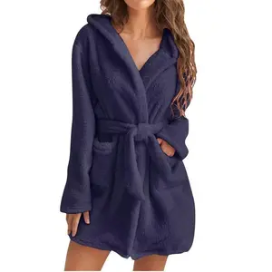 Women’s Autumn/Winter Hooded Plush Robe — Solid Color, Warm, Long-Sleeve, Comfortable Fit