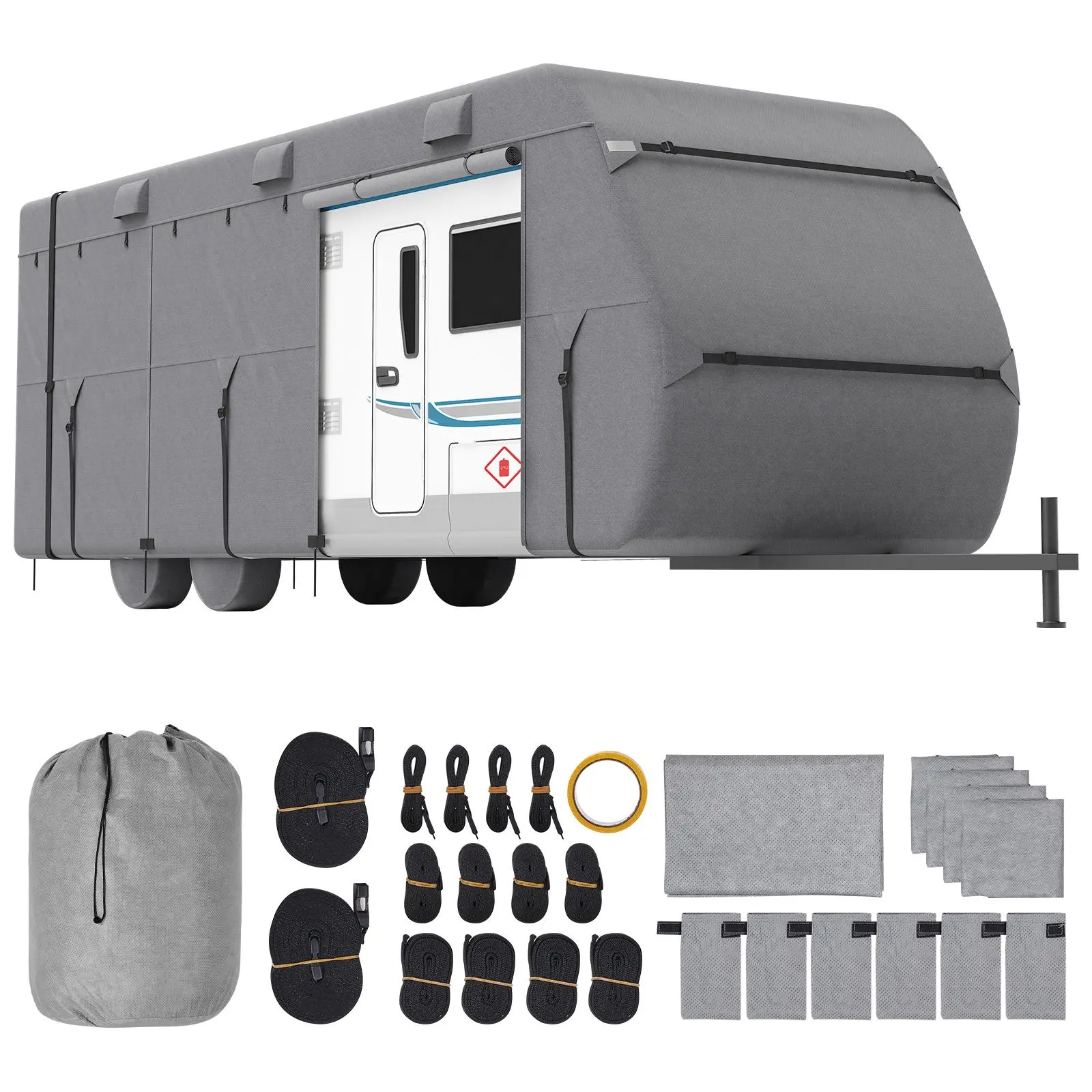 【summerfinds】VEVOR Travel Trailer Cover, 27-30 ft RV Cover, 4-Layer Non-Woven Fabric Camper Cover, Waterproof, Windproof and Rip-Stop Class A RV Cover, with Storage Bag, Repair Patches, Straps and Tire Covers
