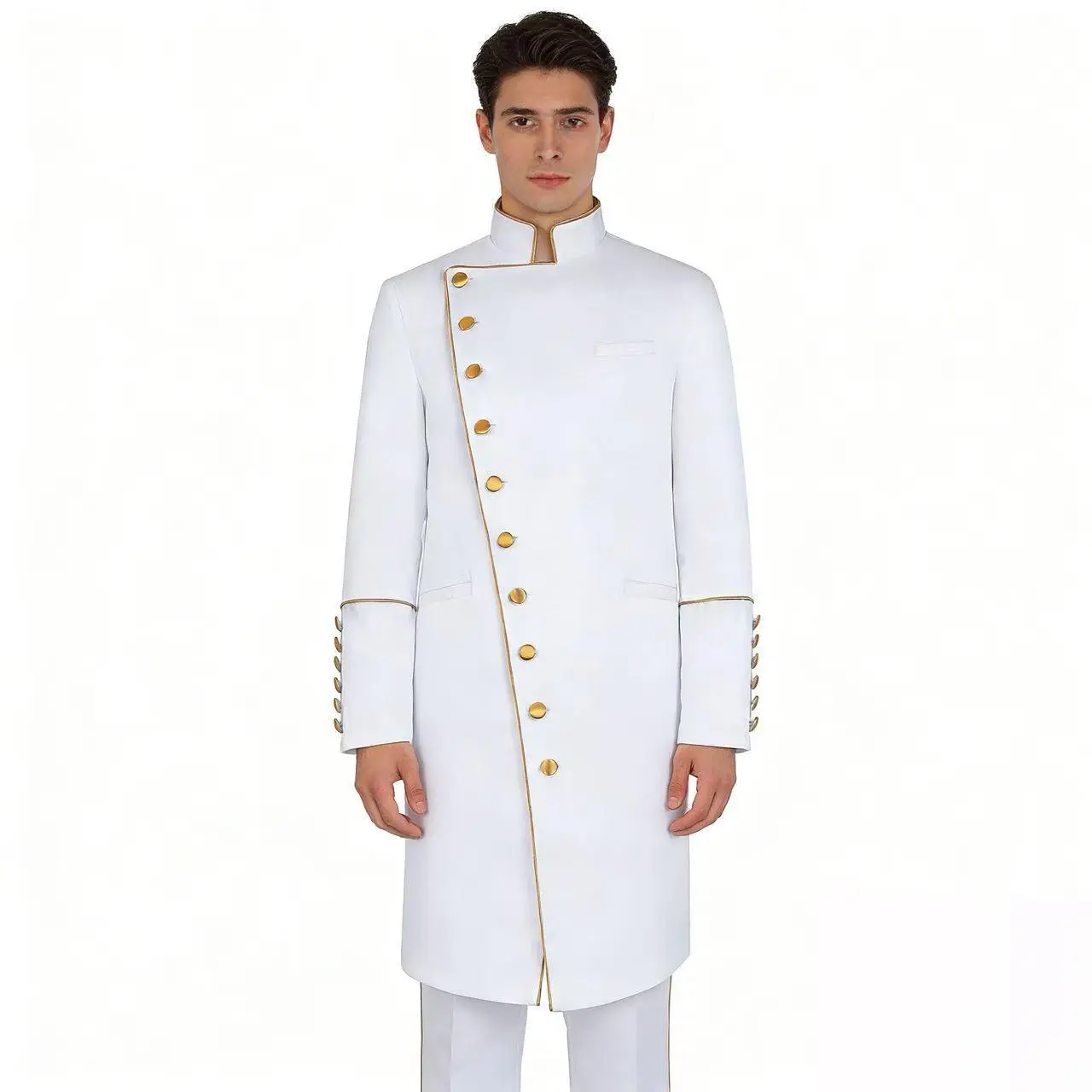 Men's Fitted Military Tailcoat for Cosplay,Formal Events,Easter,Thanksgiving,Valentines Day,Chinese New Year - Polyester,Full-Length White,Gold-Tone Buttons,Contrast Binding,Decorative Epaulettes,All-Seasons,Dry Clean Only,Avoid Direct Sunlight