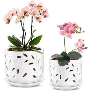 Orchid Pot with Holes - 5&6 Inch Ceramic Planter with Tray - Superior Air Flow for Healthy Roots - Indoor/Outdoor White Decorative Pot