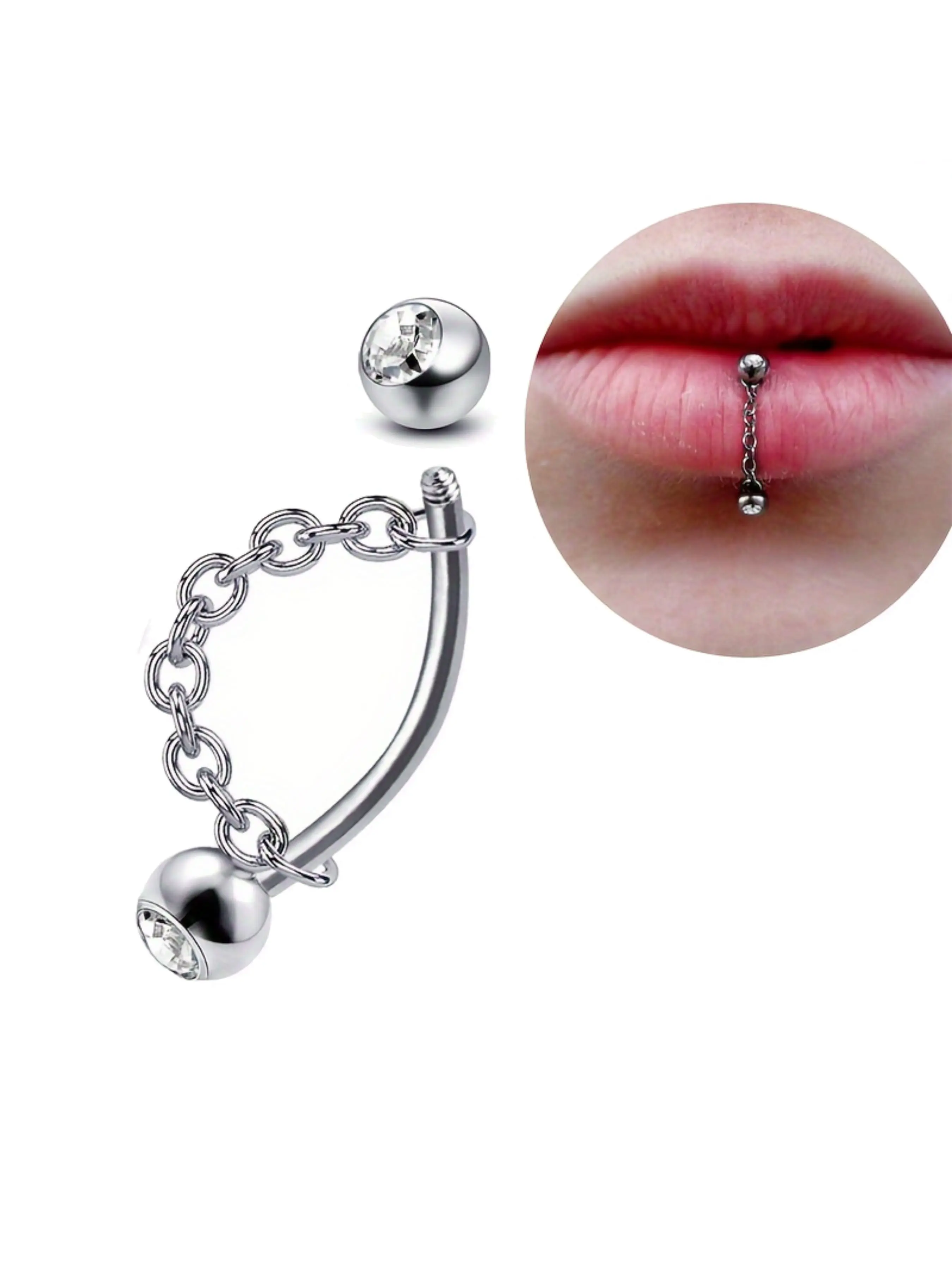2pcs Fashion Simple Stainless Steel Chain Ball Spike Lip Ring, Vertical Labret Jewelry, Dual-Use Curved Bar Chain Eyebrow Ring Ear Bone Ring, Detachable Piercing Jewelry, Body Jewelry for Women's Daily Wear Non Tarnish Jewelry