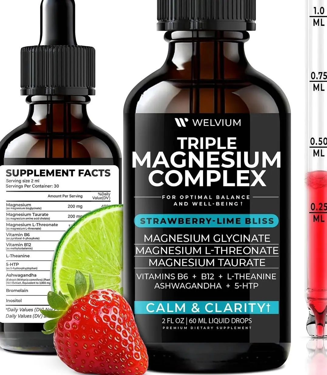 Triple Magnesium Complex Liquid Drops - High Absorption Magnesium Glycinate Supplement, L-Threonate, Taurate 500mg - Ashwagandha, L-Theanine, 5-HTP, Vitamins B6, B12 for Mineral Balance