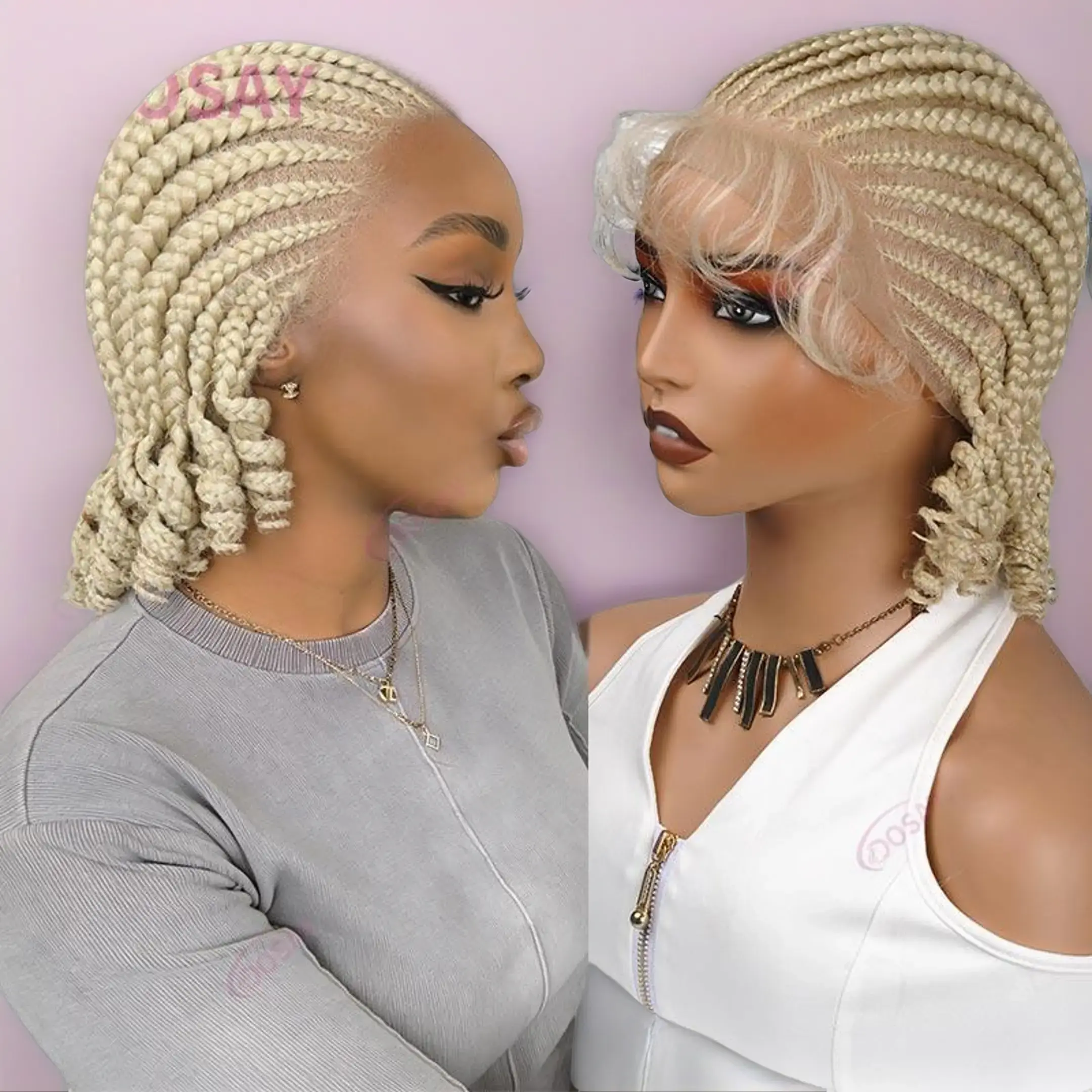 DOSAY Synthetic Full Lace Braided Wig Honey Blonde 613 Short Bob Cornrow Braided Wigs Handmade Knotless Braids Wig for Black Women Cosplay