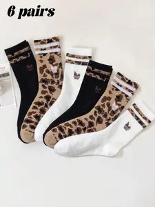 Women's Classic Leopard Print Mid-Calf Socks, 6 Pairs, Fashionable and Versatile, Fitted, Comfortable and Soft, Perfect for Daily and Everyday Wear, Leopard Print Socks Set
