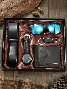 Men's Watch Gift Box Set, Strap High-End Analog Quartz Watch, Leather Belt, Eagle Wallet, Colorful Glasses, Perfect for Holidays