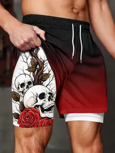Men's 2‑in‑1 Compression Liner Casual Shorts, Black‑Red Gradient Skull & Red Rose Graphic Print, Quick Dry Drawstring Waist, Gothic Streetwear Summer Board Shorts, Athletic Wear Shorts