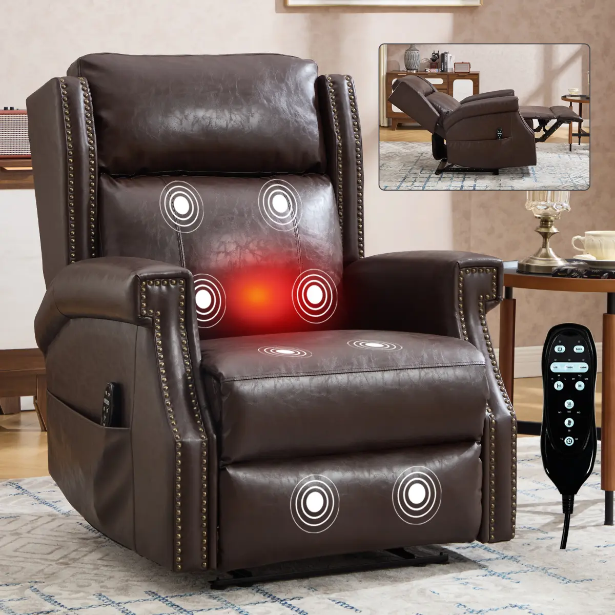[Bellemave]Brown Manual Recliner Chair in Faux Leather for Living Room with Heavy Duty Motion Mechanism, 8 vibrating nodes and 3 massage modes