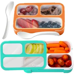 Small Snack Containers for Kids Toddlers 3 Compartments Set of 2 Leak-Proof Reusable BPA-Free Plastic Mini Bento Lunch Box Ideal for School (Teal Blue+Orange)