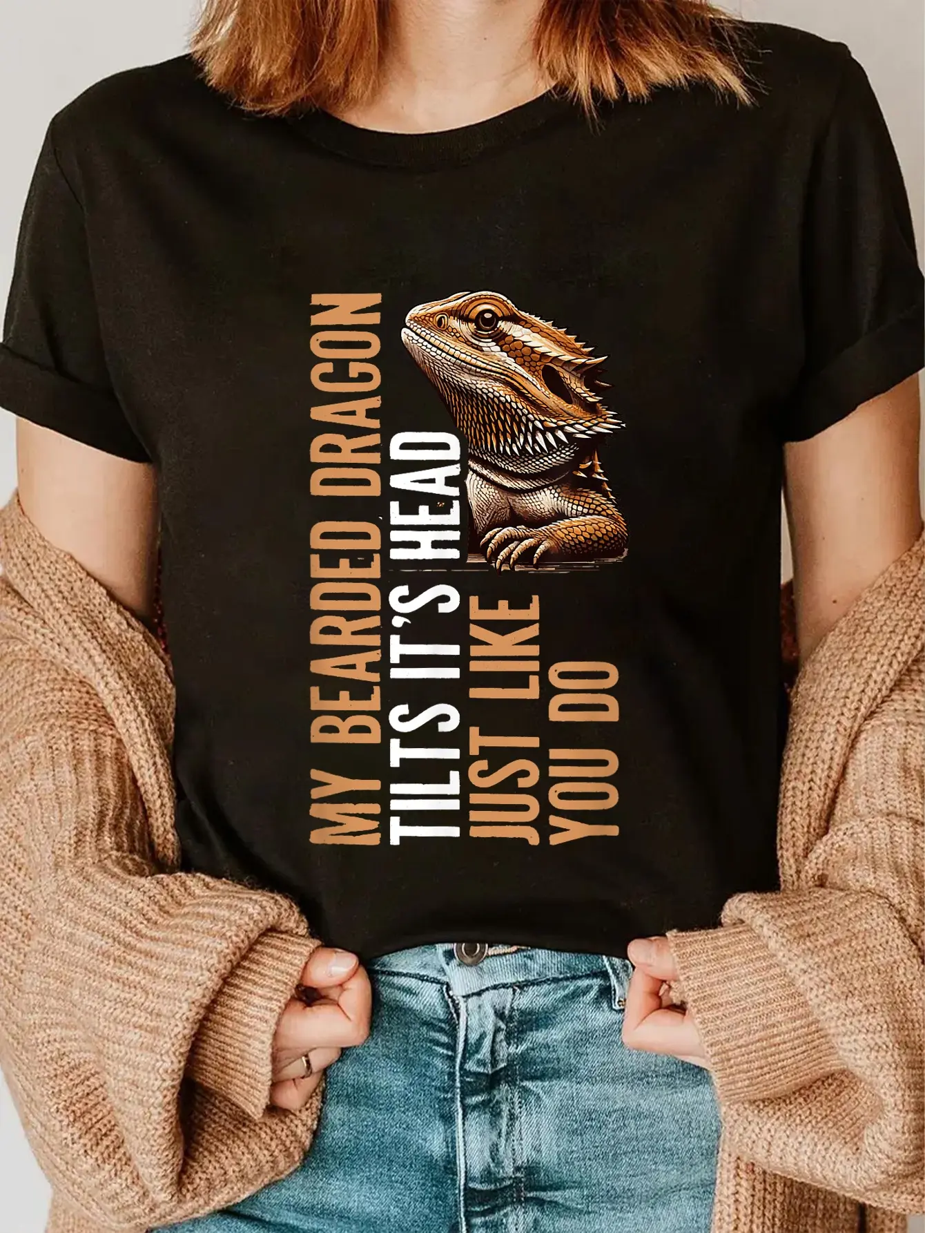 Women's 100% Cotton Crew Neck Short-Sleeve Casual Graphic T-Shirt - Funny Bearded Dragon Tilt Its Head Design for Reptile Keepers, Vintage Streetwear Top