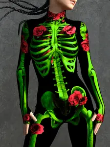 Dark Aesthetic Fluorescent Green Skull Outfit | Red Rose + Fluorescent Skeleton Design, A Must-Have for Carnivals/Music Festivals to Turn Heads.Gothic style suitable for gaming parties & themed dance parties.