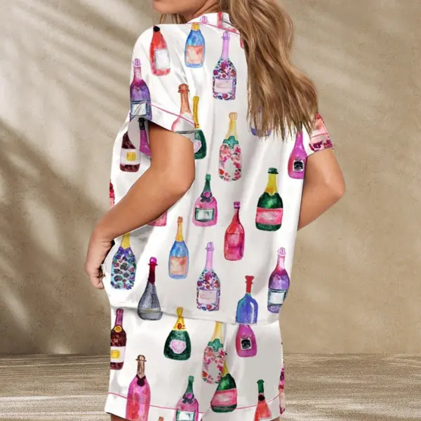 Watercolor Champagne Bottles Pajama Set for Women - Fun Sleepwear Featuring Colorful Champagne Prints, Perfect for Celebration Lovers