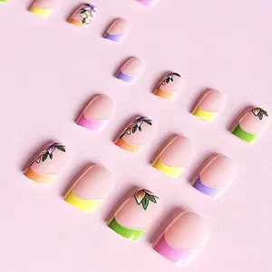 24-piece set of short square press-on nails - featuring a vibrant French tip design, adorned with colorful floral embellishments, with a glossy surface and fully covered artificial nails, making it convenient for DIY nail art and beauty accessories