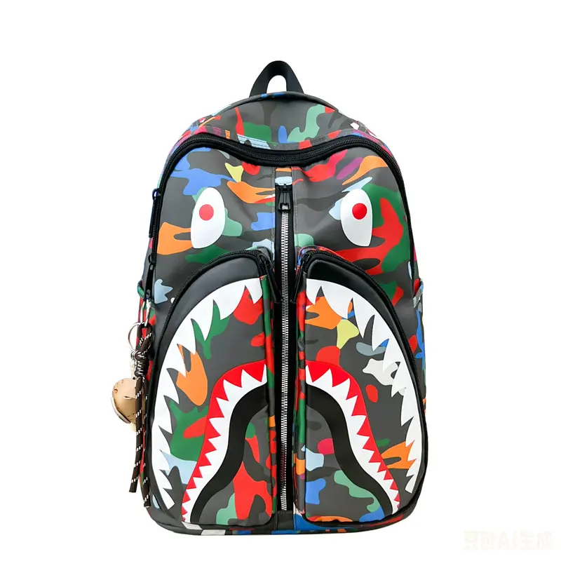Sprayground Fashion Shark Mouth Print Backpack, Nylon Waterproof Casual Daypack, Streetwear Hip Hop School Backpack For Teen Boys Girls, Multi Color Travel Laptop Backpack