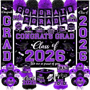 Graduation Decorations Class of 2026,Purple Graduation Decorations 2026- Congrats Grad Decorations Banner & Hanging Swirls,Graduation Card Box,Paper Pompoms,Balloons,Porch Sign for College Grad Party