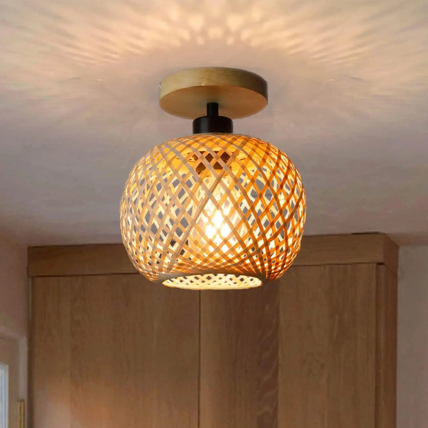 Handmade Bamboo Rattan Ceiling Light, Home Ceiling Lighting, Rustic Style Flush Mount Fixture, Ideal for Hallway Light Fixtures Bedroom Entryway Closet, No Bulb Included