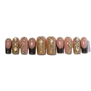 Beautiful Gold and Brown Medium Square Press On Nails - Glossy Finish Gel Polish Set with Cuticle Stick, Nail File, Buffer, Wipe, Glue & Instructions
