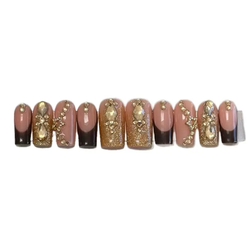 Beautiful Gold and Brown Medium Square Press On Nails - Glossy Finish Gel Polish Set with Cuticle Stick, Nail File, Buffer, Wipe, Glue & Instructions