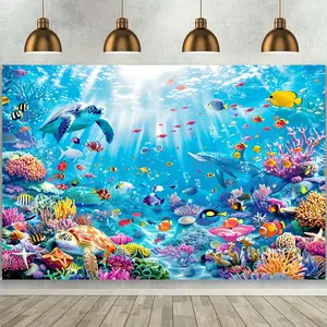 Vibrant Underwater Ecosystem Backdrop – Sea Turtles, Dolphins & Tropical Fish in Colorful Coral Scene, Perfect for Ocean Theme Kids' Parties & Room Decor, A Cheerful Ocean Gift, 2D Print
