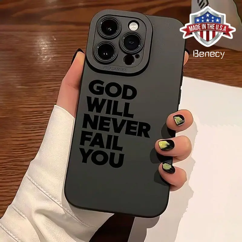 God Will Never Fail You Letter Pattern Phone Case, Shockproof Phone Protective Cover, Phone Accessory Compatible with iPhone 11 12 13 14 15 16 Pro Max/Pro/Plus