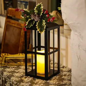 2 Pack Christmas Lanterns Set with Flameless Pillar LED Candle Removable Greenery Black Metal Grid Frame Flickering LED Candle Christmas Decor Gift