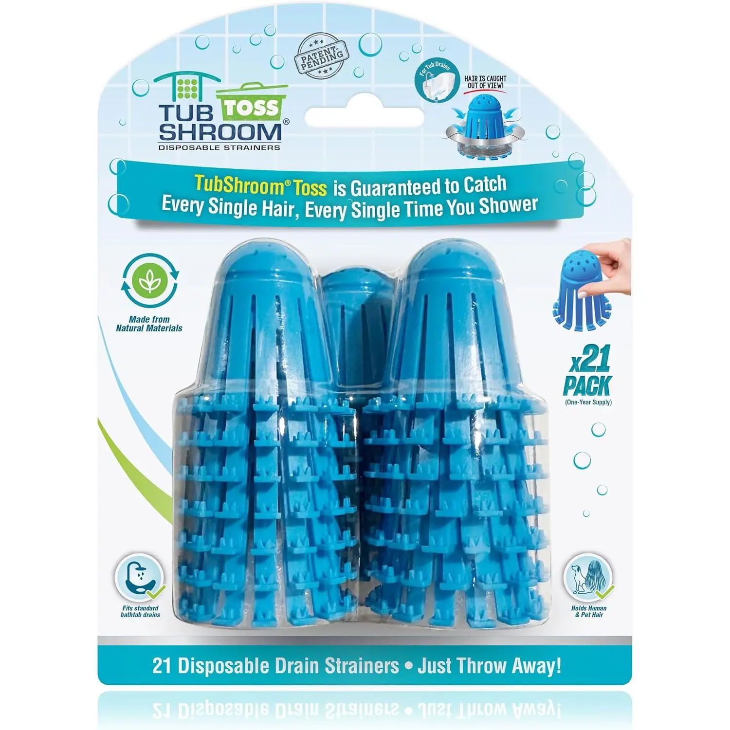 21pk Disposable Bath Tub Drain Strainers - Hair Catcher Snare for Shower Bathtub to Prevent Clogged Drains, Traps Human and Pet Hair, One Year Supply (Blue)