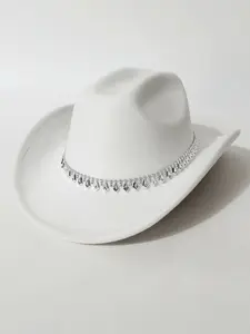 Men Women Western Cowboy Hat Fitted Wool Blend Jazz Cap Fall Winter Ethnic Style Rhinestone Design Unisex Fashion Accessory