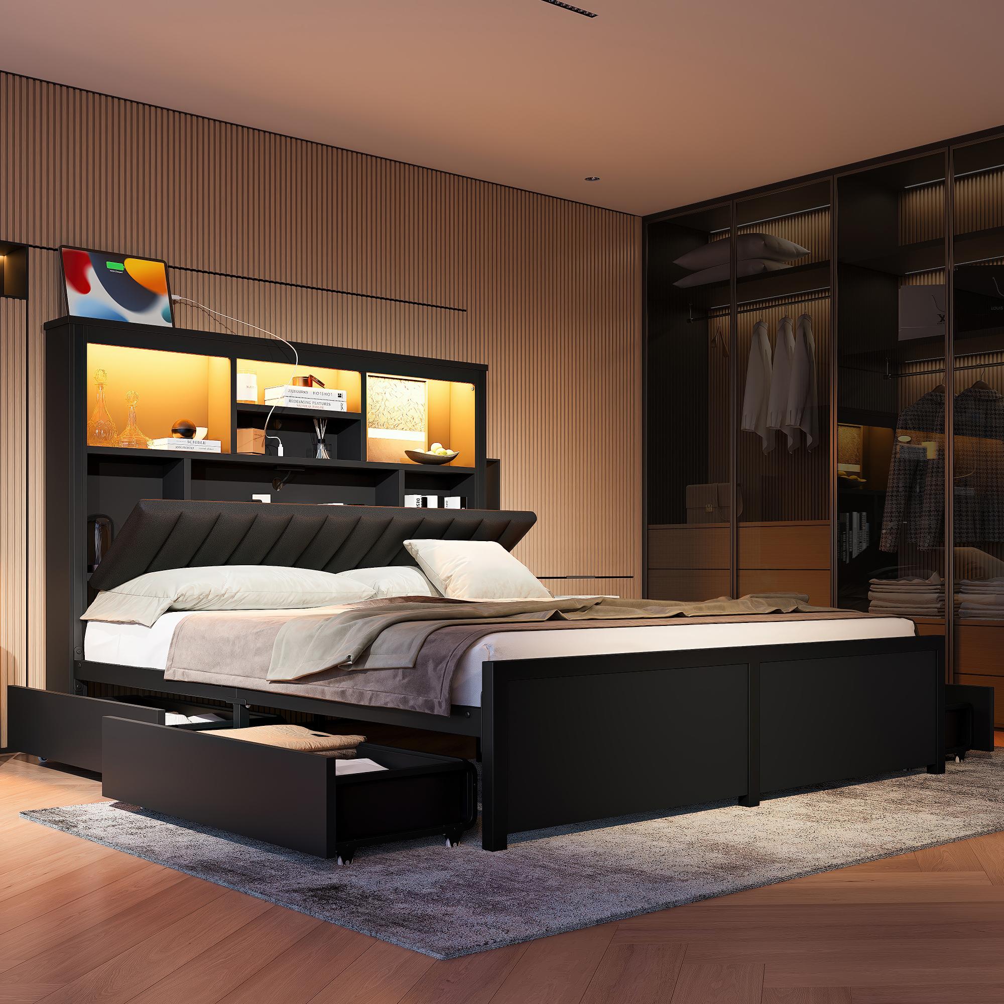King Size Platform Bed Frame with Tall Storage Headboard and 4 Storage Drawers，Metal Platform Bed with LED Light and Charging Station for Small Space Bedroom Living Room No Box Spring, Black