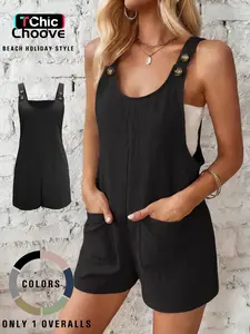 Women's Casual Overalls with Adjustable Buckles, 2 Patched Pockets, Sleeveless, Short Fitted Minimalist Design, Plain Pattern, Perfect for Daily Wear & Holiday Beach Wear