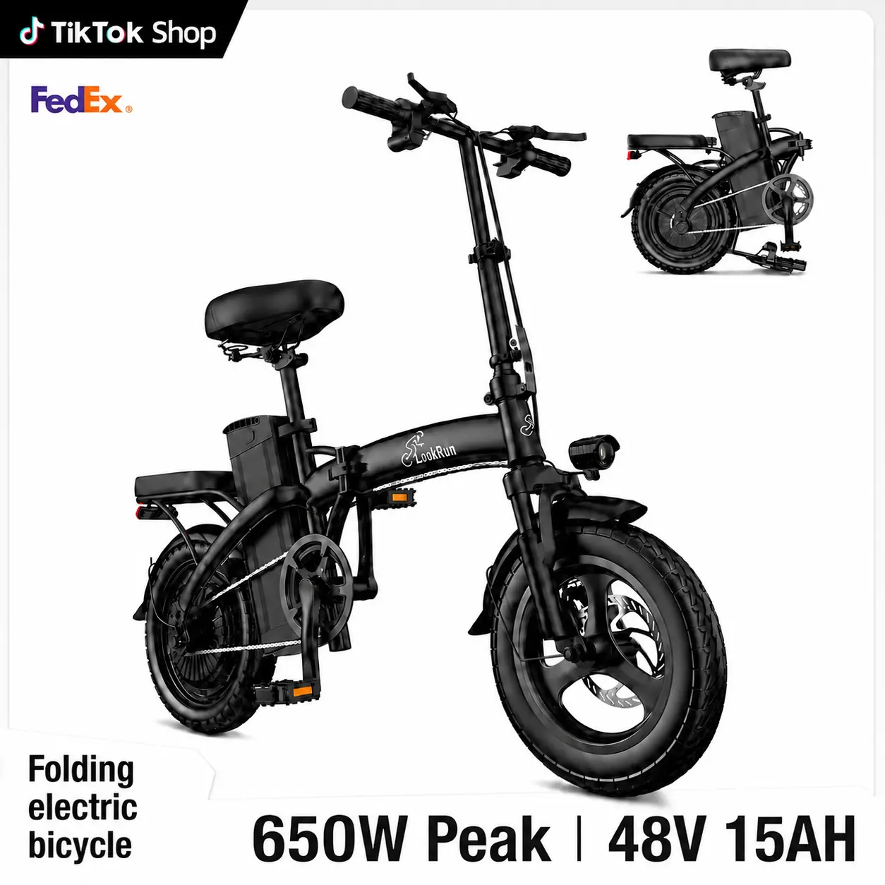 LOOKRUN Adult Folding Electric Bike, 650W Peak Motor, 48V 15Ah Removable Battery, 20 MPH Top Speed, 30-mi Max Range, Dual Seats, Compact Lightweight Commuter E-Bike, UL 2849 Certified absorption shock 8-level