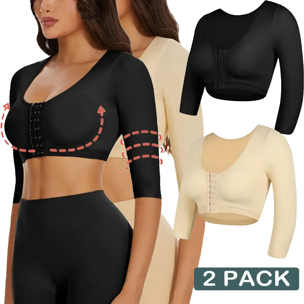 2 PACK Arm Shaper for Women Post Surgery Push Up Bra Compression Sleeves Corset Front Seamless Black Shapewear