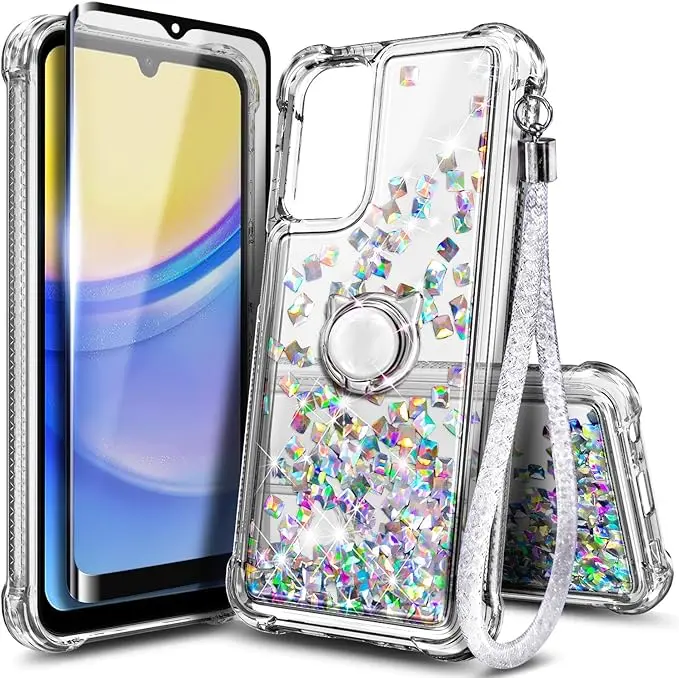Designed for Galaxy A15 Case, Samsung A15 4G/A15 5G Phone Case, Glitter Floating Liquid Waterfall Cute Case with Tempered Glass Screen Protector, Ring Holder/Wrist Strap