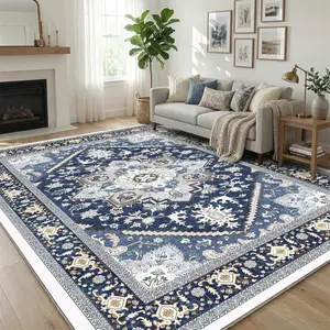 OPPODREAM Soft Area Rugs 5x7, 5x7 Washable Rug with Non Slip Backing, 5 x 7 Faux Cashmere Low-Pile Carpet, Navy Blue & Gold