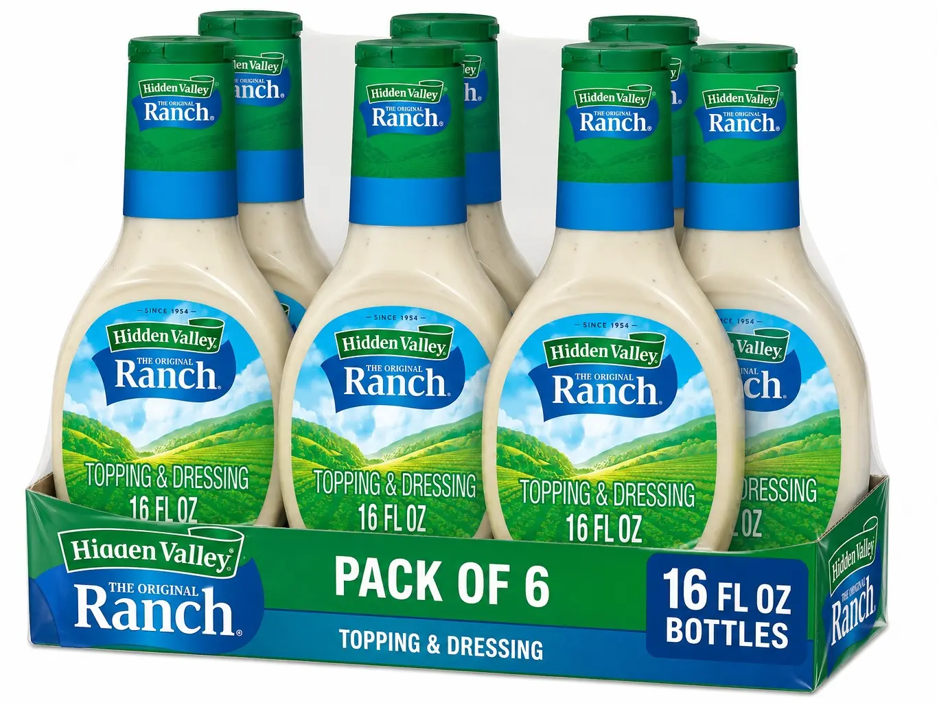 6 Pack Hidden Valley Original Ranch Dressing & Topping, 16 oz Bottle, Creamy Salad Dressing & Dip, Ranch Sauce for Salads, Wings, Pizza, Sandwiches, Vegetables & Snacks.