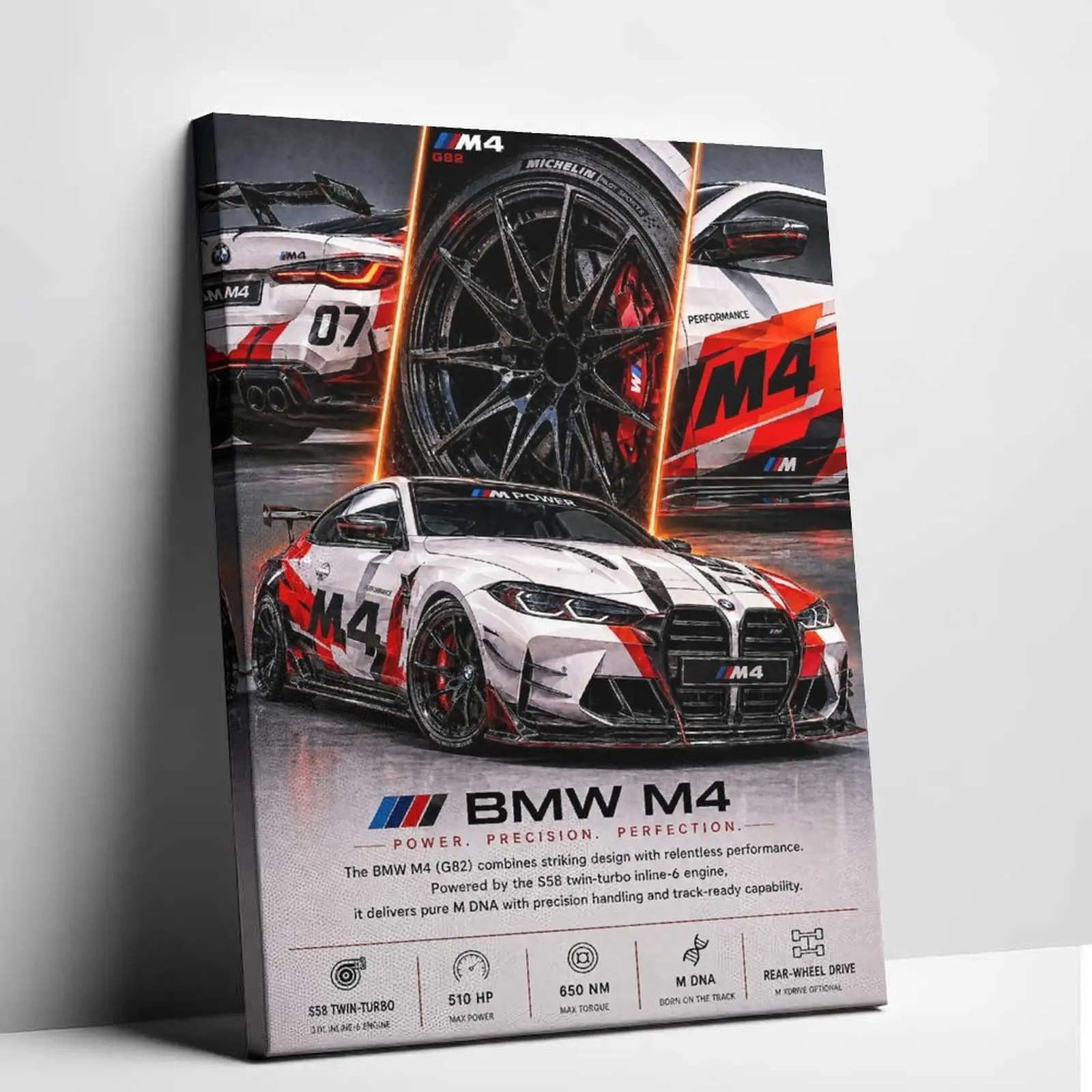 Car Poster M4 G82 Inspired Canvas Painting German Sports Coupe Performance Poster Luxury Automotive History Technical Specification Sheet Graphics Print Living Room Garage Man Cave Decor Picture