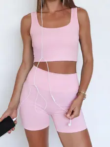 Women's Solid Color Yoga Workout Set: Square Neck Wide Strap Cropped Top with High Waist Slim Fit Shorts, Basic Casual Style, High Stretch, Comfortable, Breathable & Quick-Dry, Ideal for Gym Training, Running, Cycling and Daily Wear.