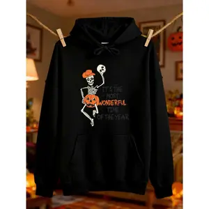 Men's & Women's Black Halloween Skeleton Dance Hoodie - Streetwear with Pocket, Soft Cotton Blend, Warm Fall/Winter Sweatshirt for Parties, Dance Costumes & Casual Wear - Iconic Dancing Skeleton & Jack-O'-Lantern Print