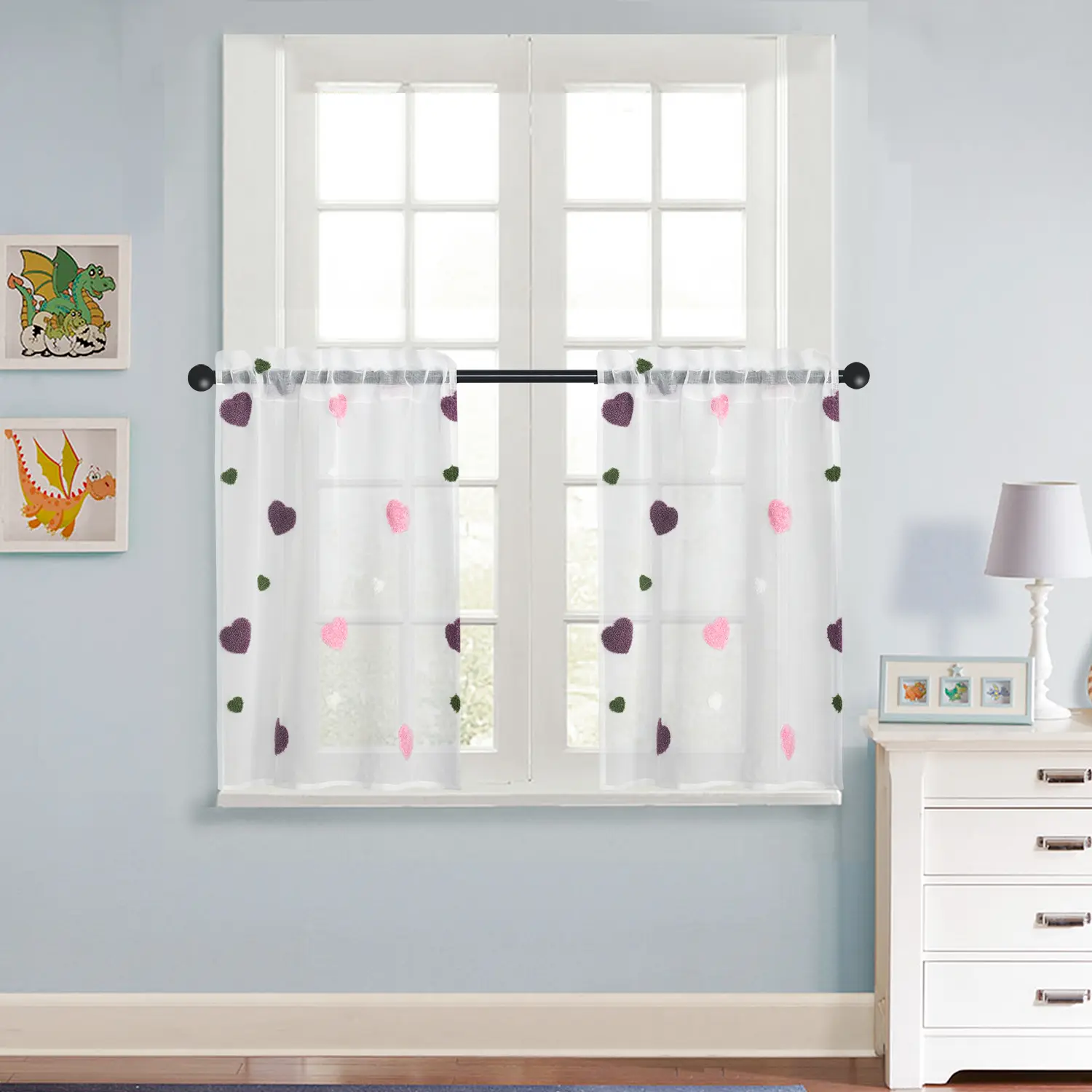 Love Embroidery 3D Sheer Curtains Light Filtering Rod Pocket Drapes for Living Room, Bedroom, Kitchen Luxury Rhinestone Lace Christmas Valance and Set langsir bidai blackout sheer Ring brocade blind langsir hook rod gradient cabinet Faux Linen Textured