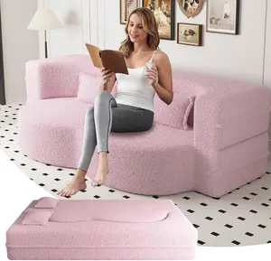 78" Teddy Folding Floor Sofa Couch Bed, Convertible Sleeper Sofa Bed with 2 Pillow, No Assembly Needed,15" Foam Folding Mattress Floor Couch for Living Room,Guest Bed, Apartment, Office (Pink)