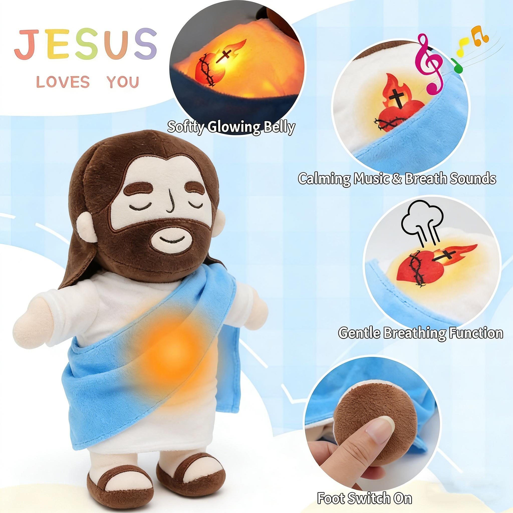 Jesus Breathing Light-Up Toy (4-speed movement), 15inches, soft and adorable plush toy, suitable for children andadults, religious Thanksgiving Easter Christian baptism gift,Easter decoration, addictive toy, Thanksgiving Easter gift.